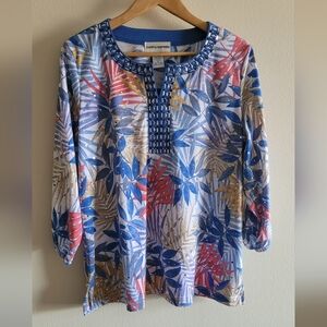 Cathy Daniels palm print jewelled trim 3/4 sleeve tunic top Women's XL